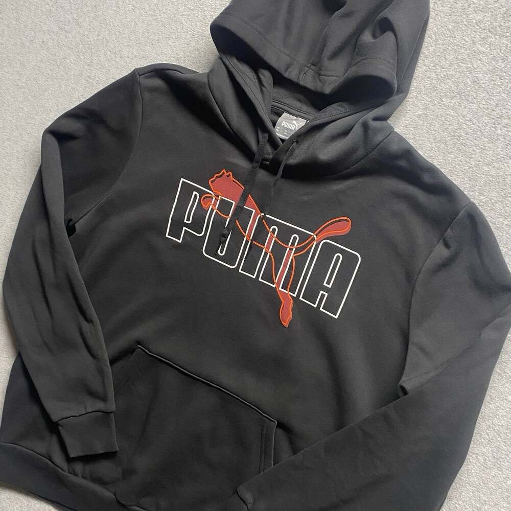 PUMA Mens Black Graphic Logo Pullover Hoodie Fleece Pockets XXL - Picture 2 of 10